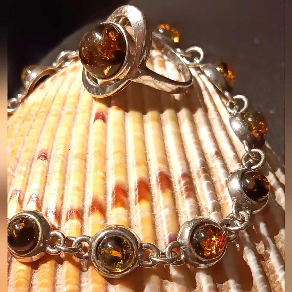 Set Baltic Amber Bracelet Ring Sterling Silver - Picture 6 of 15